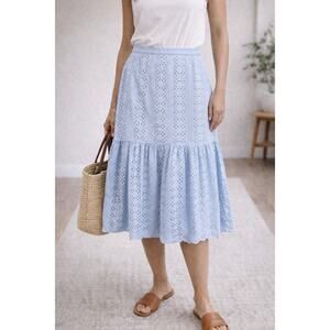 J.CREW Eyelet Skirt Blue Cotton Midi Skirt Ruffle Hem Cottagecore | 12 Tall